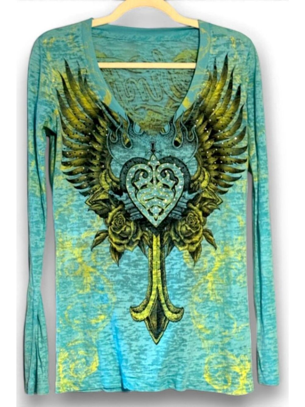 Sinful Long Sleeve Top Wings Heart Design Blue Yellow Distressed Style - M